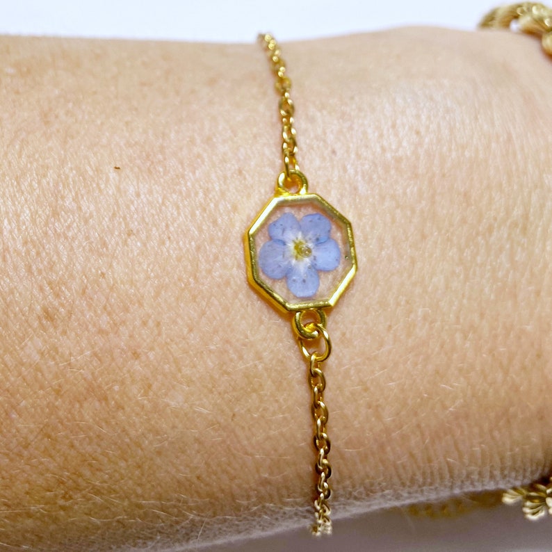 Blue flower Forget me not gold bracelet for women Pressed flower jewelry Christmas gift for image 4