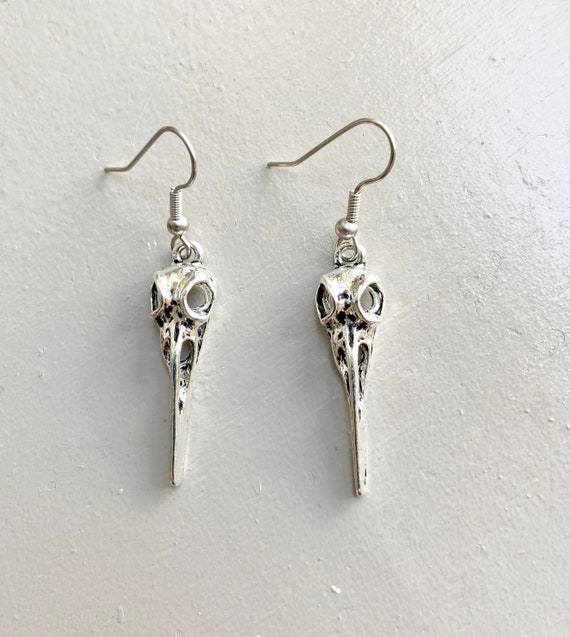 Raven Skull Earrings: Silver Plated Gothic Witchcraft Jewelry