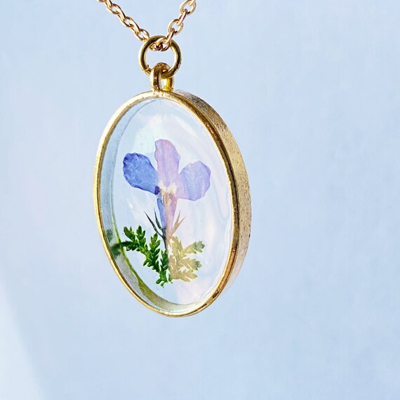 Blue Lobelia Necklace Real Pressed Flower in Resin Pendant Gold Color Necklace Terrarium Jewelry