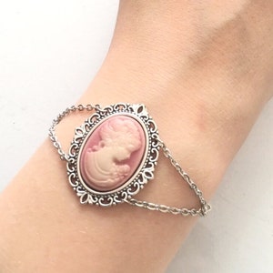 Cameo bracelet silver colored Victorian cameo jewelry Personalized bracelet Vintage rose cameo Heart charm Anniversary gift for her Women