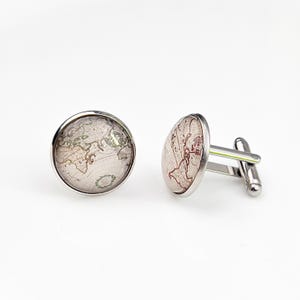 Boutons de manchette carte du monde, bijoux carte du monde, bijoux personnalisés, boutons de manchette vintage, idées cadeaux pour la Saint-Valentin pour homme, cadeau petit ami pour la fête des pères