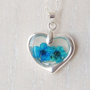 Silver heart wish blue flower necklace Real dried flowers in resin nature pendant love necklace for women gift for mom image 7