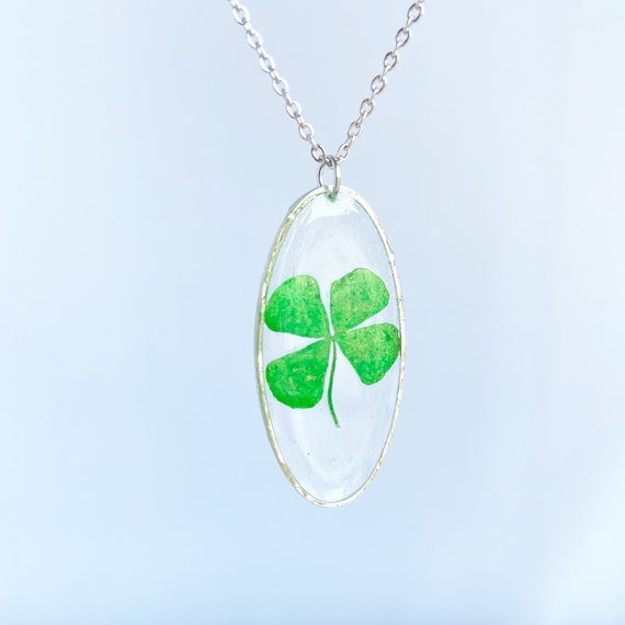 Four Leaf Clover Necklace Real Four Leaf Clover Resin Gold Oval