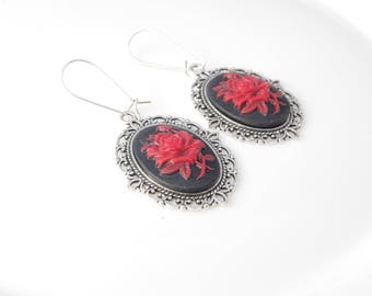 Cameo red rose earrings , Victorian cameo jewelry ,Gothic earrings, Gift for her