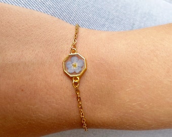 Blaue Blume Vergissmeinnicht Gold Armband für Frauen Gepresste Blume Schmuck Weihnachtsgeschenk für