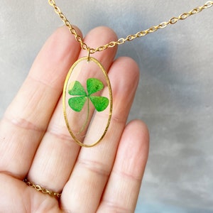 Real Four Leaf Clover Necklace in Resin Necklace Gold Oval Lucky Charm Jewelry Shamrock Pedant Pressed Flower St Patrick gift for her image 4