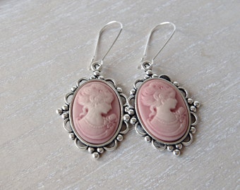 Pink Cameo Earrings Victorian earrings Vintage earrings Bow earrings Victorian Lady Cameo Jewelry Mothers day gift Bridesmaid  Woman Cameo