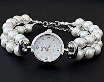 Watch double bracelet made of white pearls  Watch Bridal ivory pearl Bracelet wedding jewelry for women Christmas gift for her