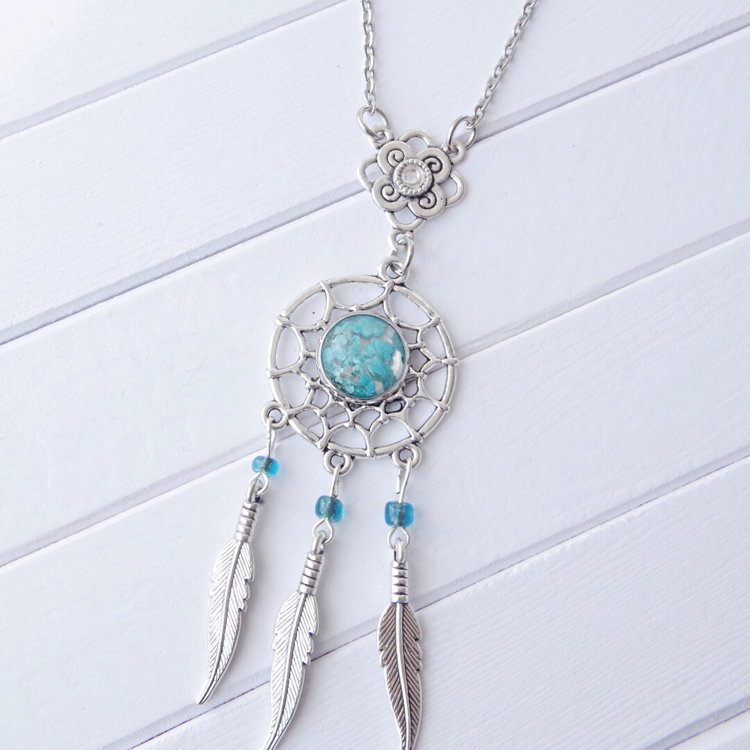 Collana Acchiappasogni Con Pendente Piuma E Perla Turchese - Argento