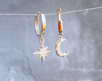Pendientes de estrella y luna desiguales: Pendientes colgantes celestiales