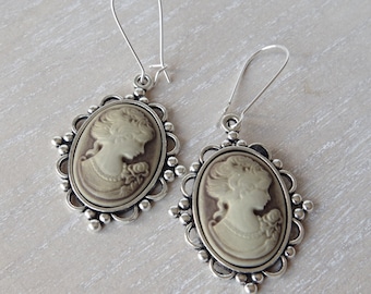 Vintage Cameo Dangle Earrings: Victorian Lady, Bow Detail