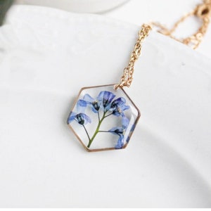 Forget Me Not Necklace: Pressed Blue Flower Resin Pendant