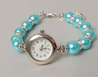 Pearl Beaded Watch Bracelet: Bridal Wedding Jewelry, Silver Plated