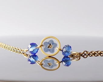 Bracelet à fleurs pressées bleues Oubliez-moi pas bijoux pour femmes Eco friendly Cadeau personnalisé pour sa fille de fête des mères