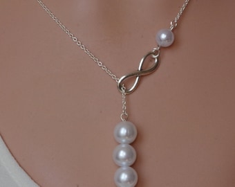 Silver lariat Infinity Pearl necklace Infinity pearl lariat  Bridesmaid Necklace Drop pearl necklace Infinity Pearl necklace Bridesmaid gift