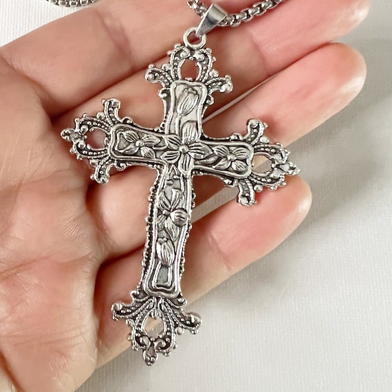 Gothic Floral Cross Necklace: Large Religious Pendant, 24