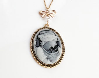 Large oval girl cameo necklace  Victorian style cameo pendant Antique lady cameo jewelry for women Christmas gift for mom