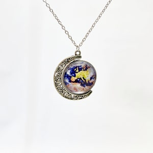 Crescent Moon and two sided earth globe necklace  Space planet solar system jewelry blue Earth pendant