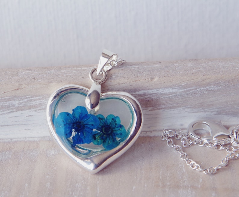 Silver heart wish blue flower necklace Real dried flowers in resin nature pendant love necklace for women gift for mom image 2