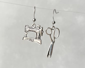 Scissors and sewing machine mismatched earrings , sewing gift Novelty quirky Crafty gift seamstress jewelry