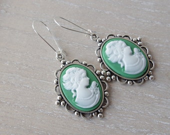 Green Cameo Earrings: Woman Portrait Silhouette, Vintage Style