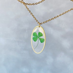 Real Four Leaf Clover Necklace in Resin Necklace Gold Oval Lucky Charm Jewelry Shamrock Pedant Pressed Flower St Patrick gift for her image 6