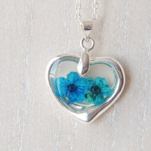 Silver heart wish blue flower necklace Real dried flowers in resin nature pendant love necklace for women gift for mom image 9