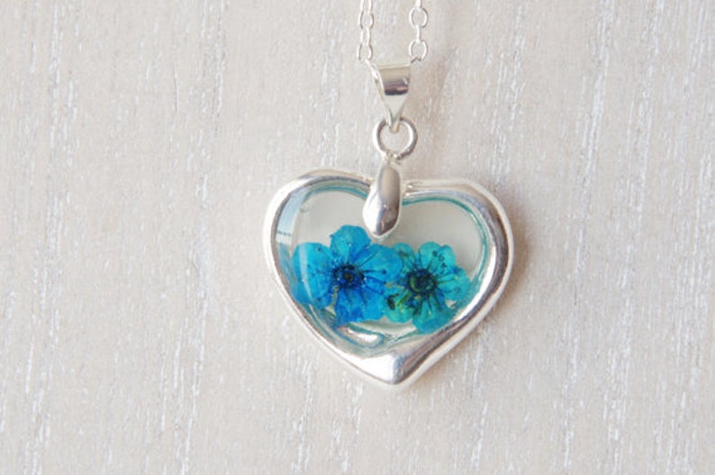 Silver heart wish blue flower necklace Real dried flowers in resin nature pendant love necklace for women gift for mom image 9