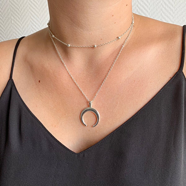 Silver Crescent Moon Necklace Celestial Upside Down Moon Necklace Double Horn Gift For Her Best Friends Statement Jewelry Gifts For Mom