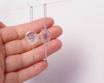 Silver threader earrings Forget me Not in resin chain earrings Tiny pressed flower jewelry Long dangle earrings