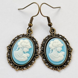 Blue Cameo Drop Earrings ,Cameo Victorian Bronze Jewelry,  Lady Cameo Earrings, Gift for her
