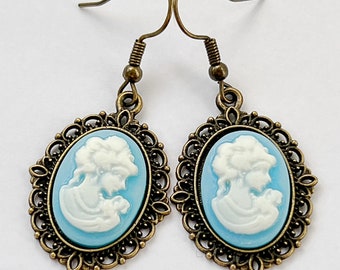 Blue Cameo Drop Earrings ,Cameo Victorian Bronze Jewelry,  Lady Cameo Earrings, Gift for her