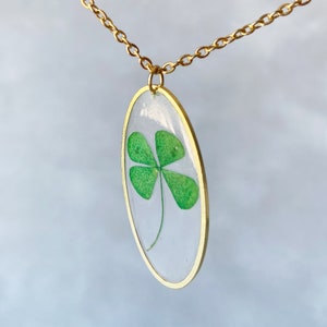 Real Four Leaf Clover Necklace in Resin Necklace Gold Oval Lucky Charm Jewelry Shamrock Pedant Pressed Flower St Patrick gift for her image 7
