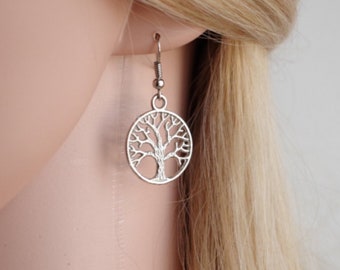 Silver Tree Earrings Family Tree Earrings Drop Earrings Circle of Life  Dangle Earrings Simple Everyday Silver Tree Earrings Christmmas Gift