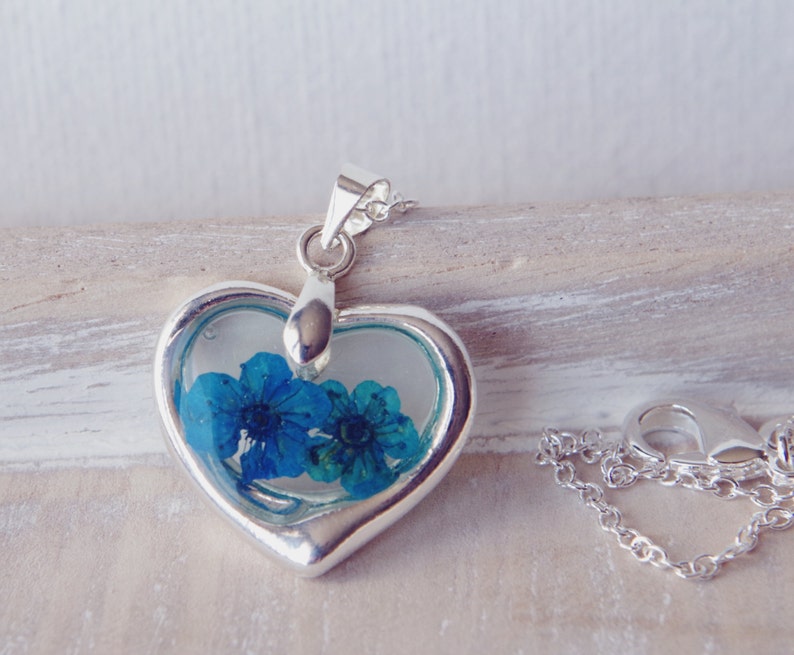 Silver heart wish blue flower necklace Real dried flowers in resin nature pendant love necklace for women gift for mom image 4