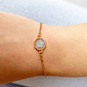 Blue flower Forget me not gold bracelet for women Pressed flower jewelry Christmas gift for image 6