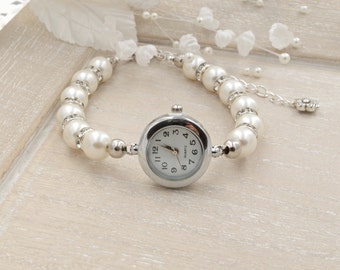 Ivory Pearl Bracelet Watch Beaded Bracelet Watch Bridal White Pearl Bracelet Wedding Jewelry Pearl Watch Ladies Watch Womens Watch Gift