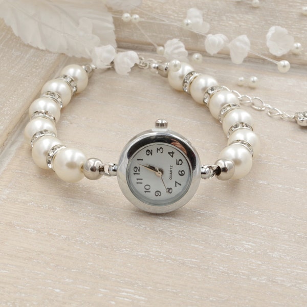 Ivoire Perle Bracelet Montre Bracelet Perlé Montre Mariée Blanc Perle Bracelet Bijoux De Mariage Perle Montre Dames Montre Femmes Montre Cadeau