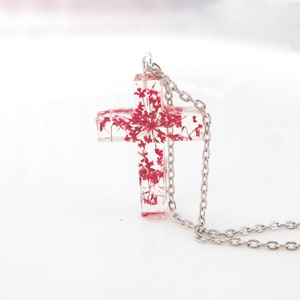 Resin cross necklace Catholic jewelry for women Baptism cross Real flower necklace Religious jewelry cross Baptism gift