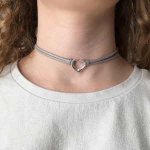 Heart choker necklace Faux suede choker Heart necklace Ring choker Double choker Boho choker Silver heart jewelry Charm choker gift for her