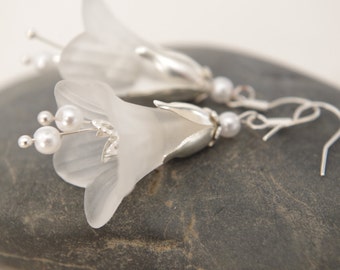 White Lucite Flower Dangle Earrings: Silver Filigree, 2 inch