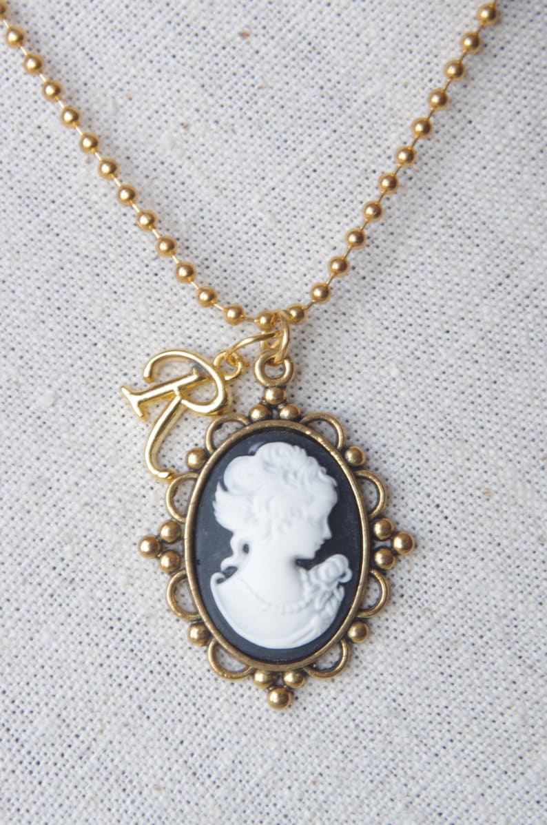 Personalized woman cameo necklace Gold initial pendants Victorian cameo jewelry Initial necklace image 3