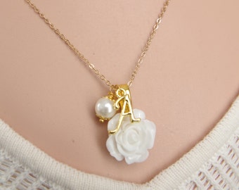 Initial Pearl Necklace Flower Necklace Personalized Bridesmaid  Necklace Rose Flower Girl Necklace Personalized Flower Girl Gift for her