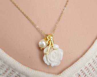 Personalized Initial Pearl Necklace, Rose Flower Girl Gift