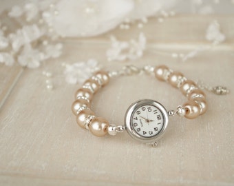 Bronze Pearl Bracelet Watch Beaded Bracelet Watch Bridal Champagne Pearl Bracelet Wedding Jewelry Pearl Watch Ladies Watch Womens Watch