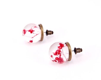 Red flower stud earrings Pressed flower jewelry  Real flower in resin  Christmas gift for mom Botanical  Terrarium
