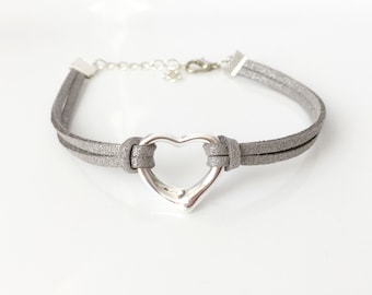 Silver heart bracelet for women Love jewelry Leather bracelets Birthday gift for friend Christmas gift for her Friendship bracelet Unisex