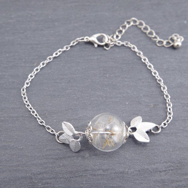 Dandelion Bracelet Real Dandelion seeds jewelry Terrarium Jewelry Mothers day gift mom Anniversary gift women Nature Jewelry Silver leaves