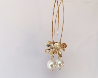 Gold orchid earrings Pearl long dangle flower earrings Floral Bridal jewelry Ivory cream  pearl wedding earrings