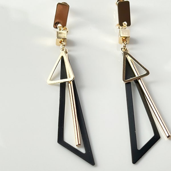 Long black and gold drop earrings  with long black triangles.Geometric jewelry